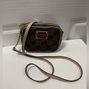 Michael Kors Checkered Brown and Tan Crossbody Minimalist Bag